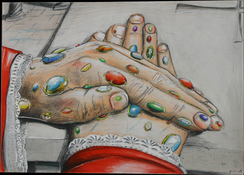 The pope's hands decorated by Damien Hirst